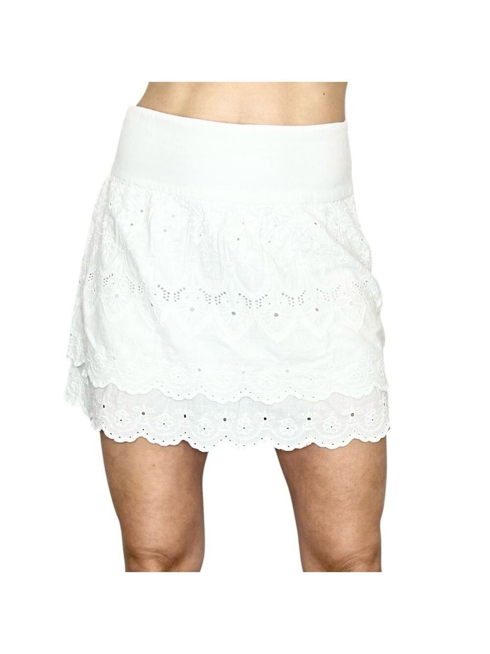 MIXXO Korea boho cottagecore 100% cotton white eyelet lace layered mini skirt 28